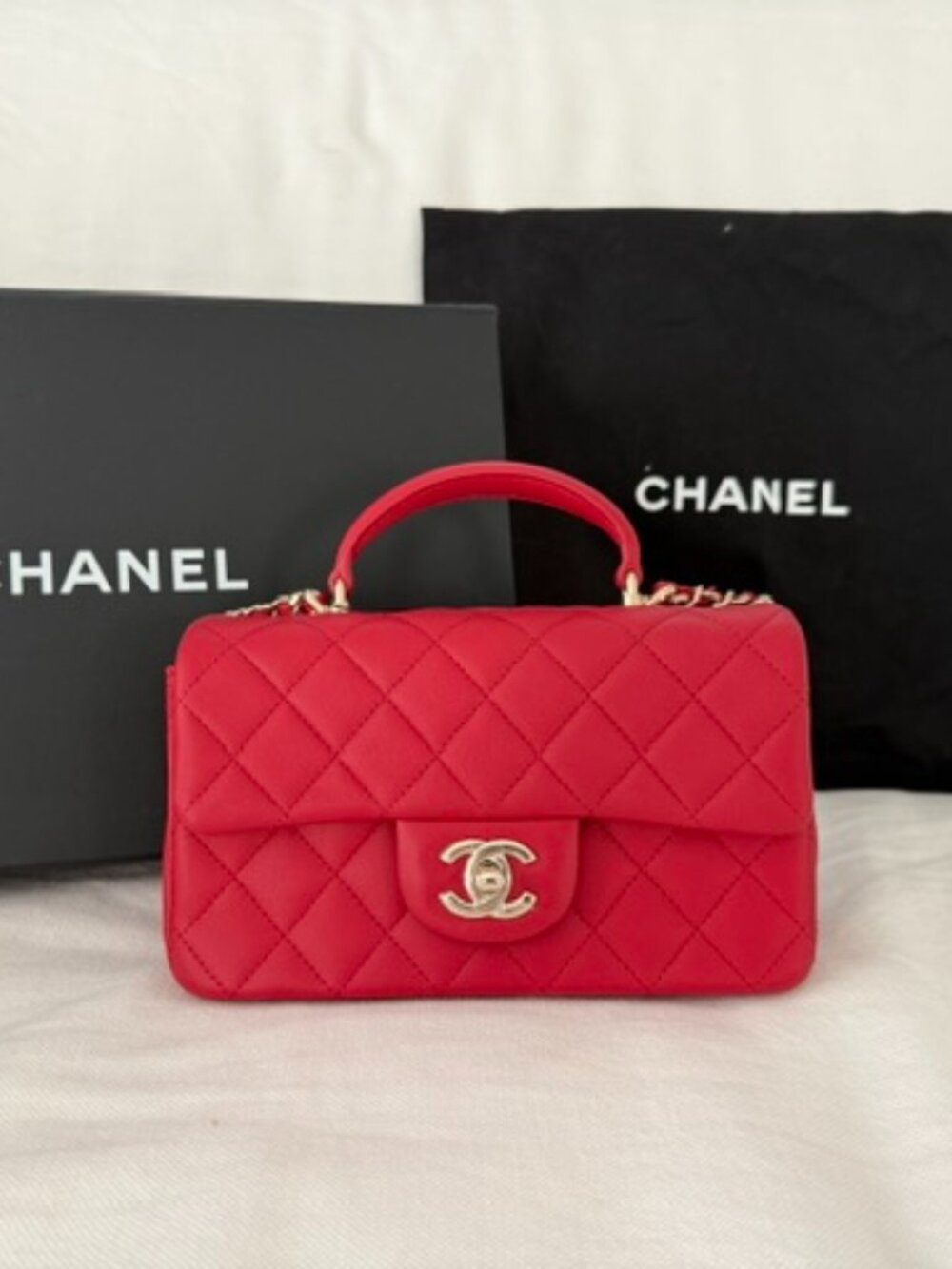 Chanel Mini Flap Bag Top Handle Lambskin Quilted, Red (highly coveted) - NEW